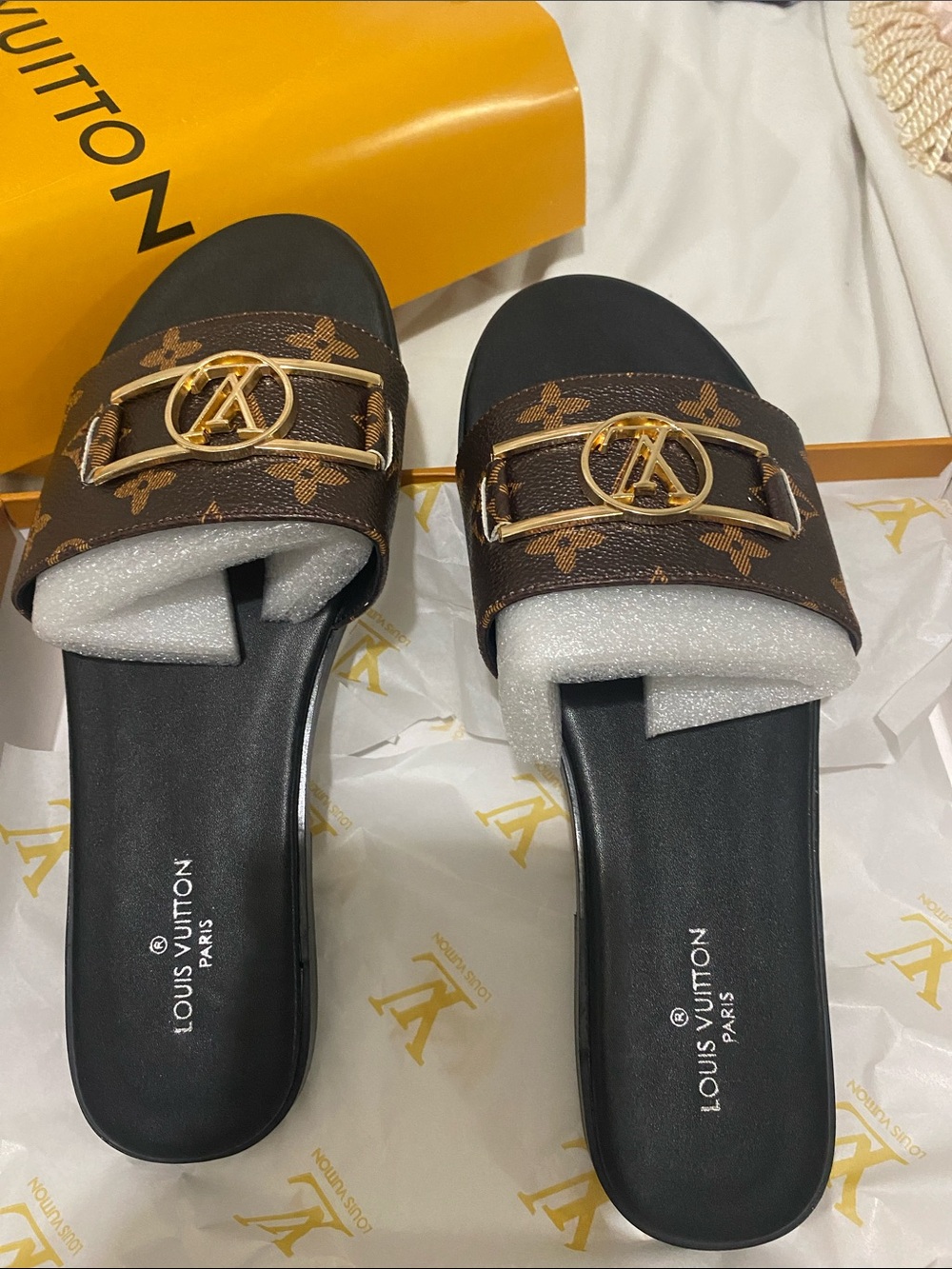 Louis Vuitton Brown Monogram Slide Mules with Gold LV Emblem